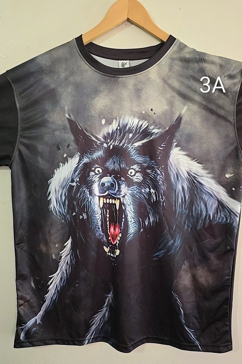 T-shirt with a fierce wolf graphic design.