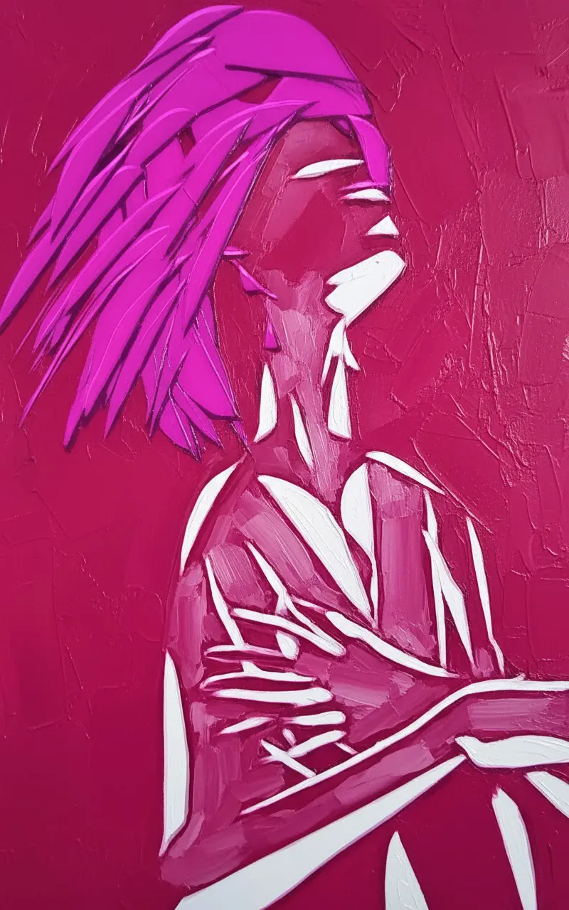 Abstract art of a woman with purple hair against a pink background.