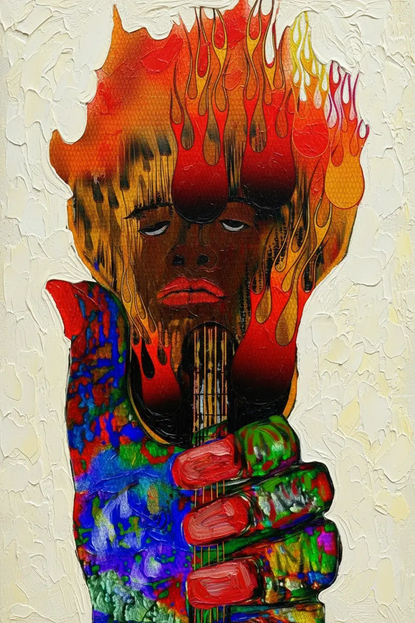 A fiery, colorful abstract portrait with intense expressions.