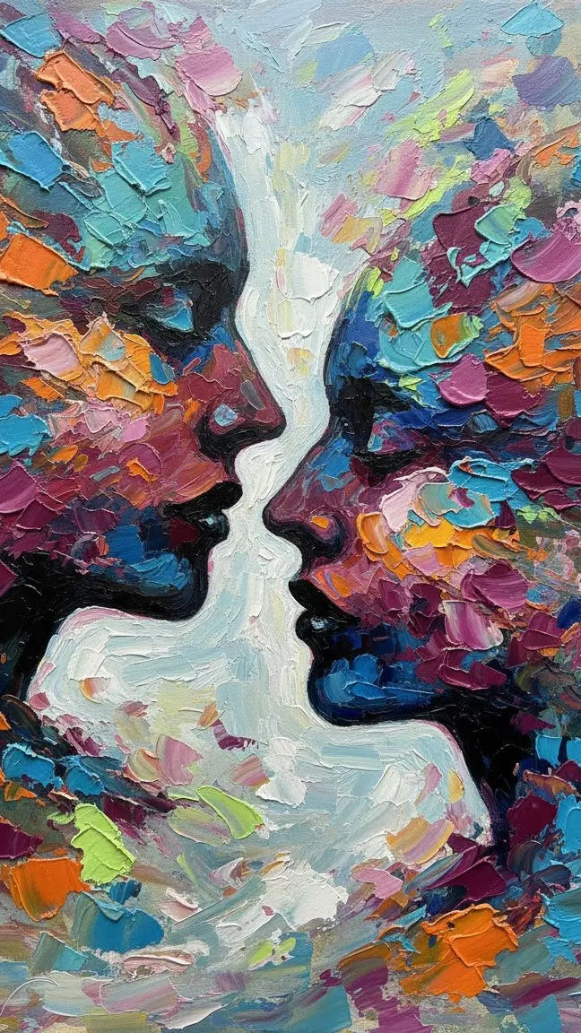 Colorful abstract faces facing each other in vibrant brushstrokes.