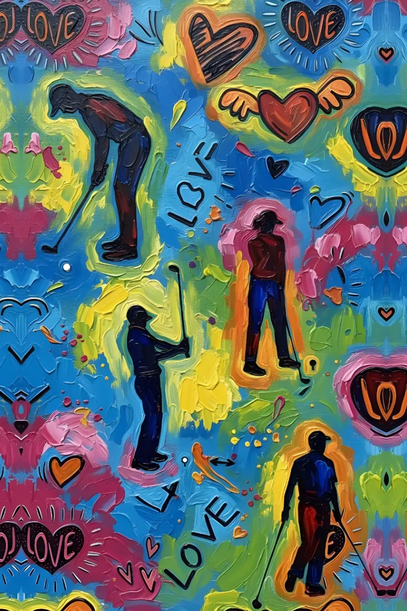 Colorful abstract painting with silhouetted figures and hearts.